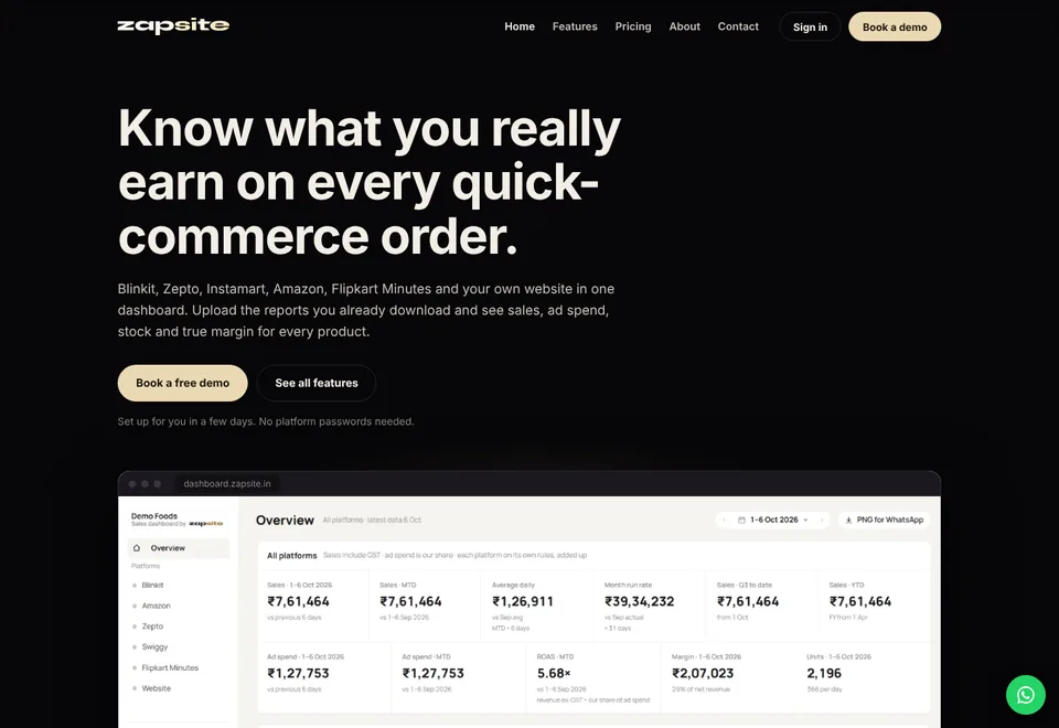 Zapsite Sales Dashboard website: hero and dashboard screenshot